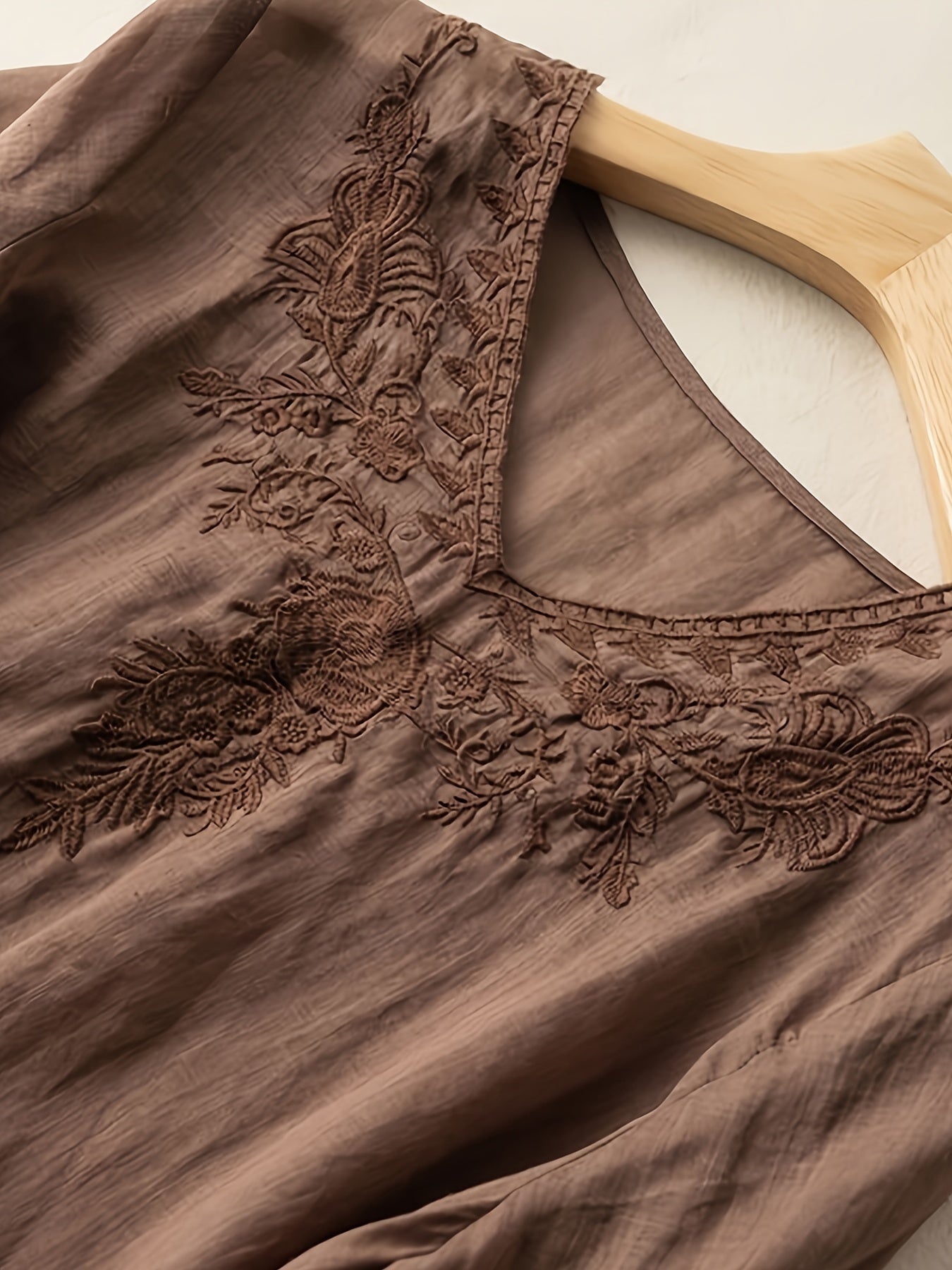 Floral Embroidery V Neck T-shirt, Vintage Half Sleeve Cotton Loose T-shirt