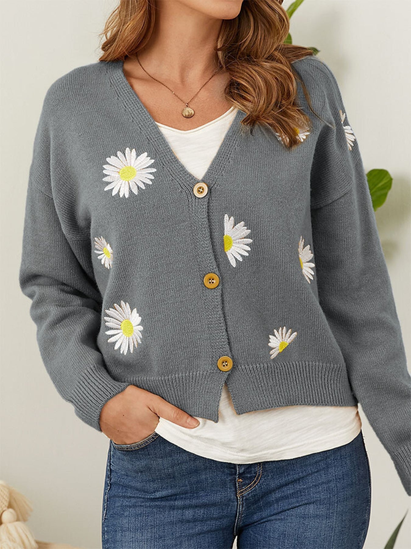 Daisy Pattern Embroidered Knitted Cardigan, Button Front Elegant Long Sleeve Sweater