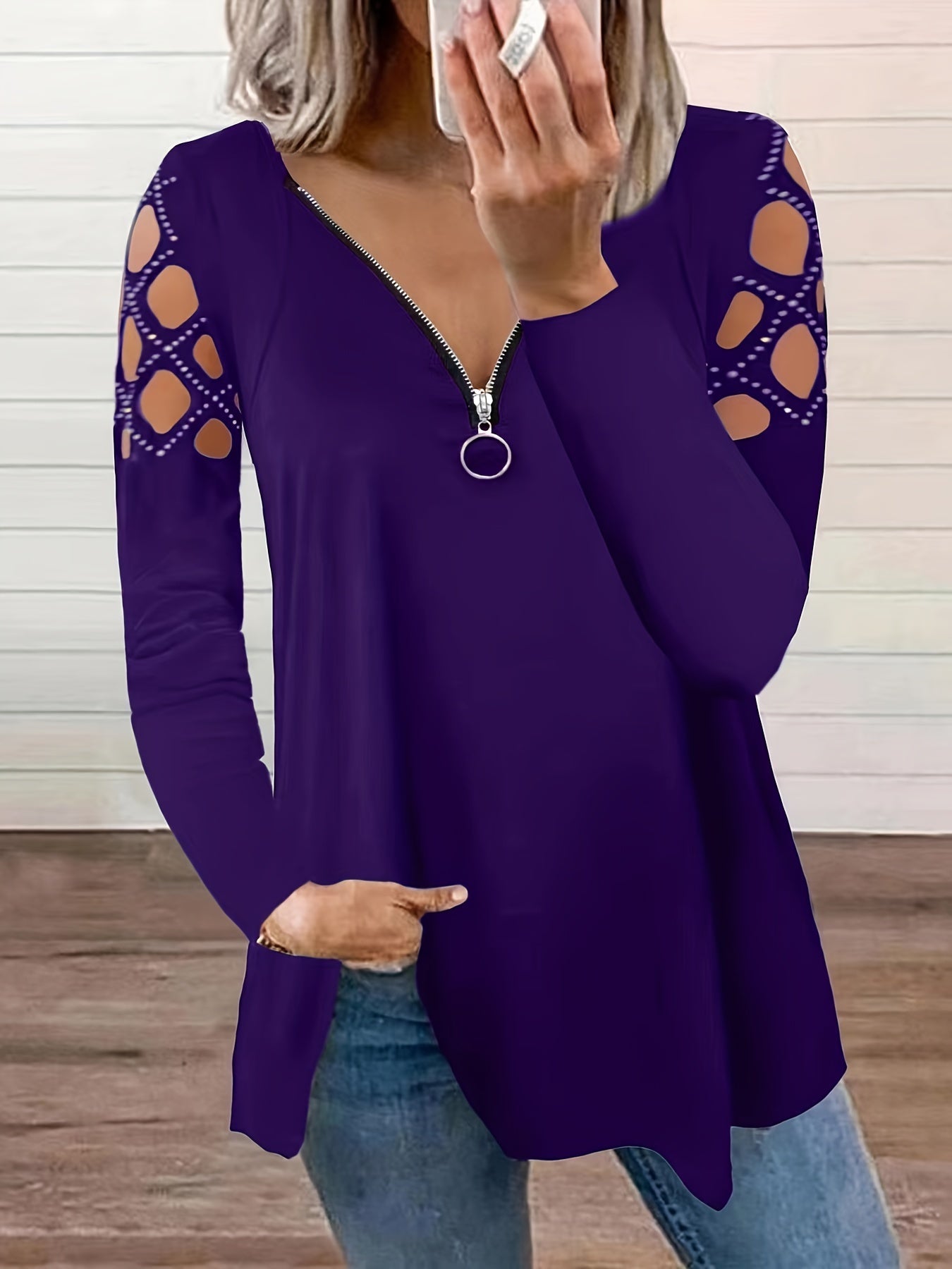 Cutout Zipper Front T-Shirt, Casual V Neck Long Sleeve T-Shirt