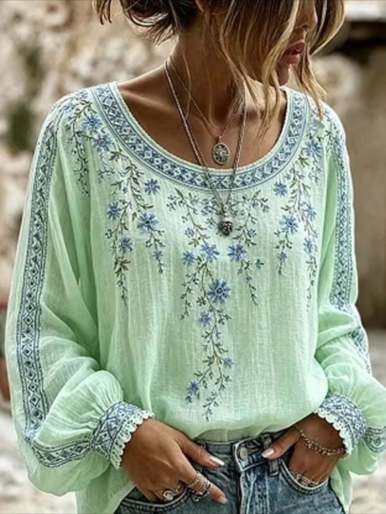 Vines Floral Crew Neck Long Sleeve Blouse