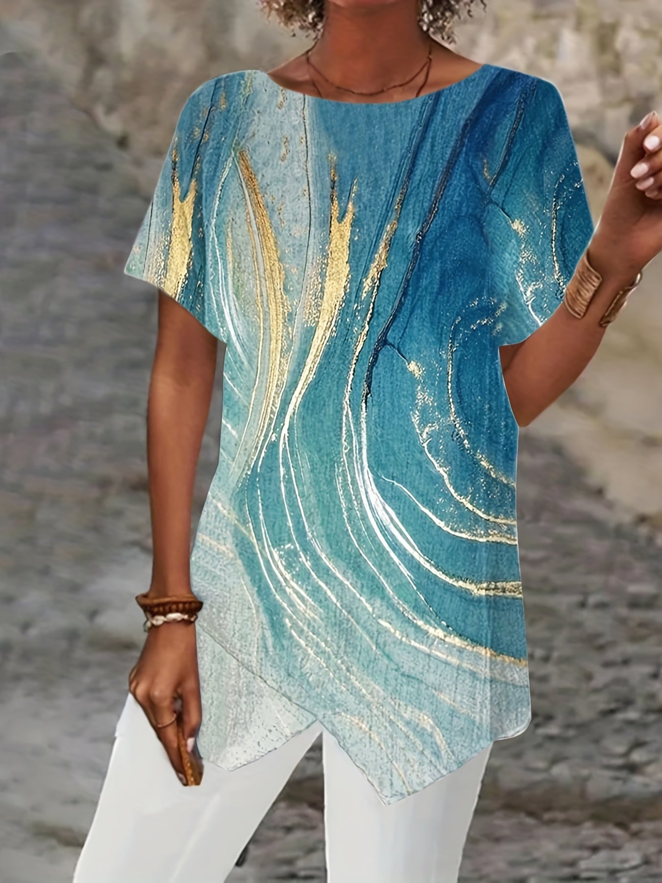 Casual T-shirt, Women's Allover Print Short Sleeve Round Neck Medium Stretch Tee