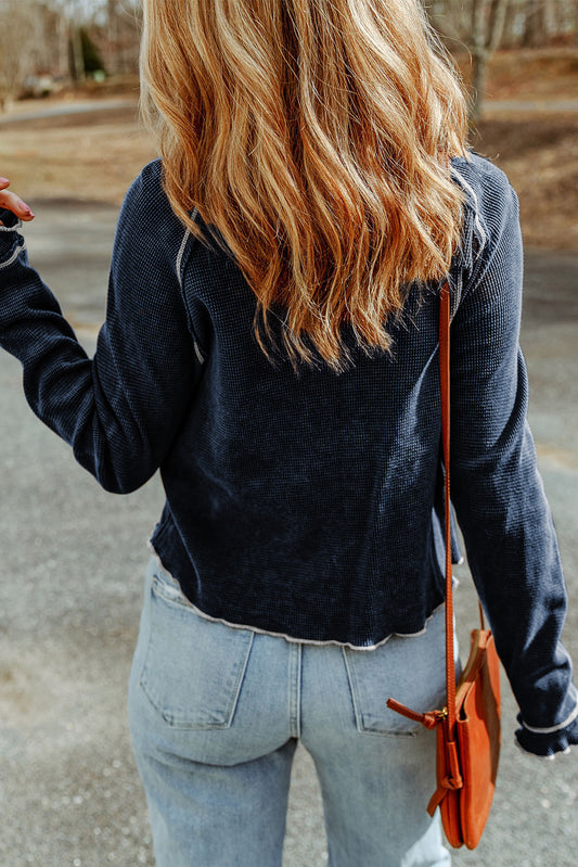 Blue Textured Round Neck Long Sleeve Top
