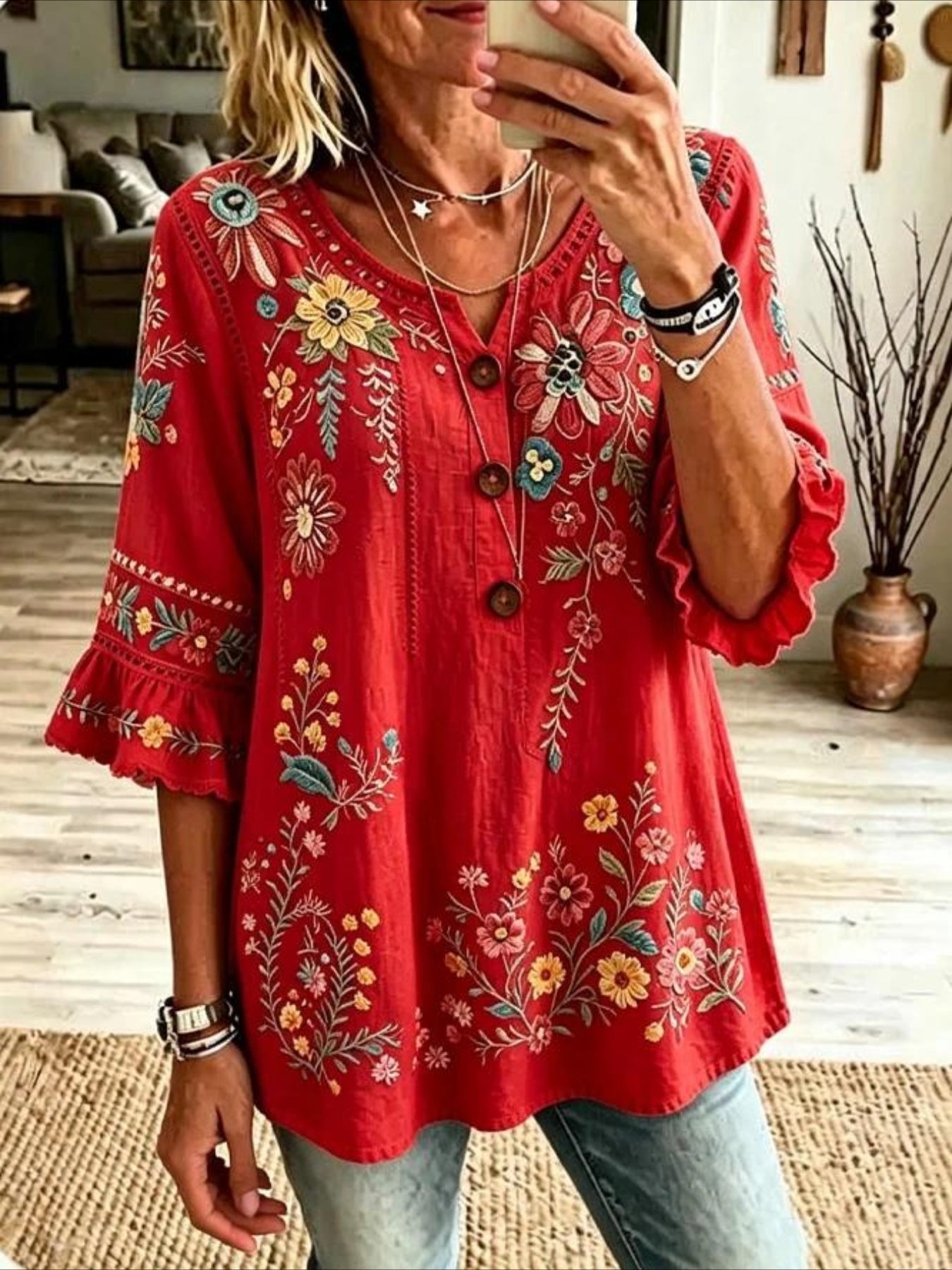 V Neck Button Short Ruffle Sleeve Casual Blouse