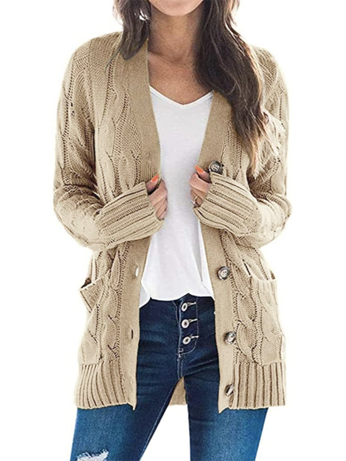 Cable Knit Button Front Cardigan, Casual Solid Long Sleeve Cardigan