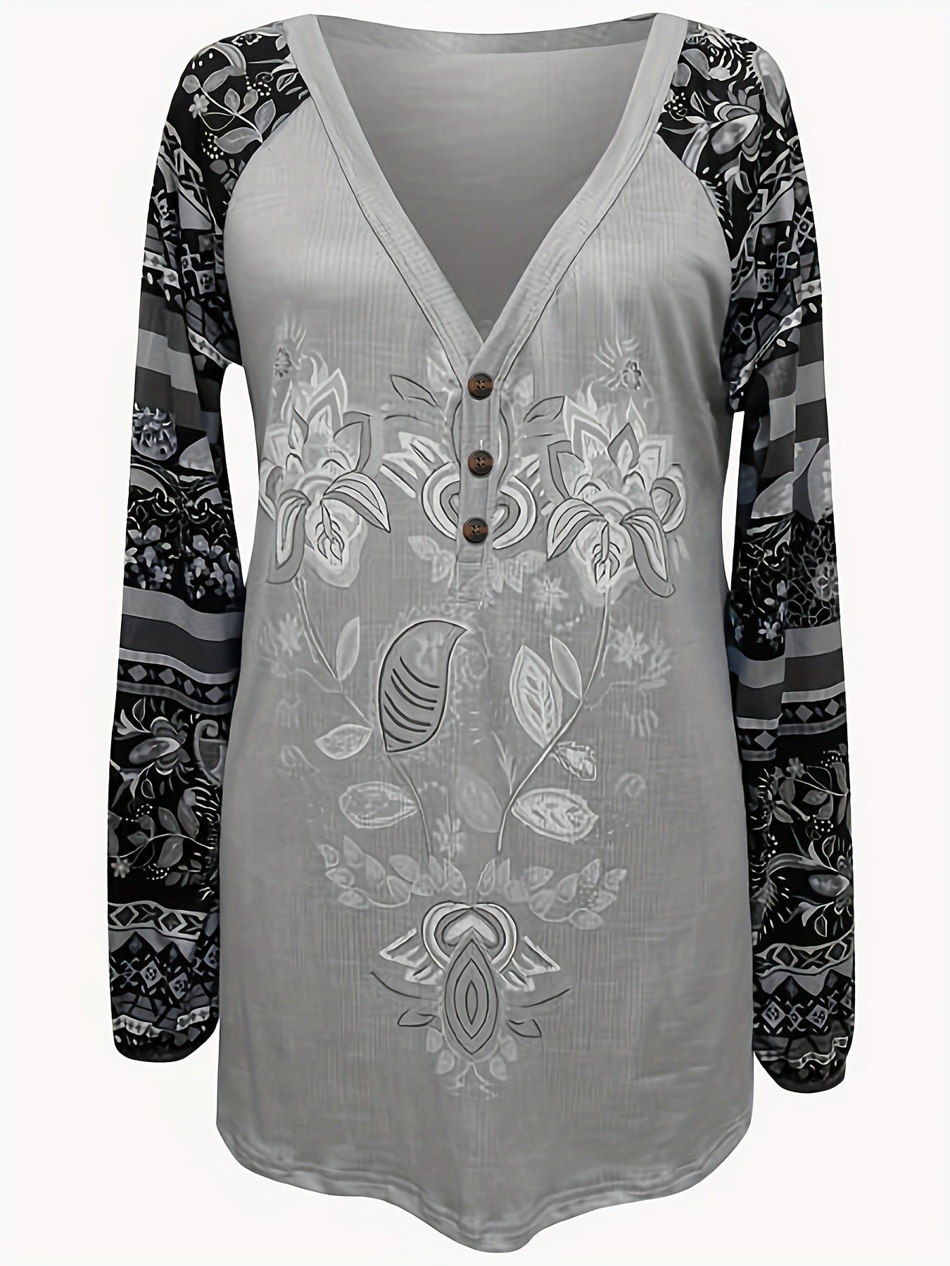 Paisley Print Long Sleeve T-shirt, Women's Slight Stretch V Neck Casual Pullover Top