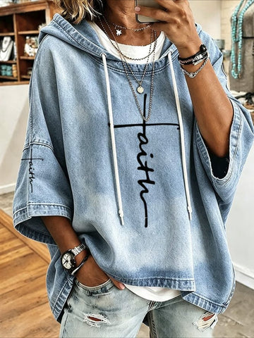 Casual Faith Cross Print Denim-Look Hoodie