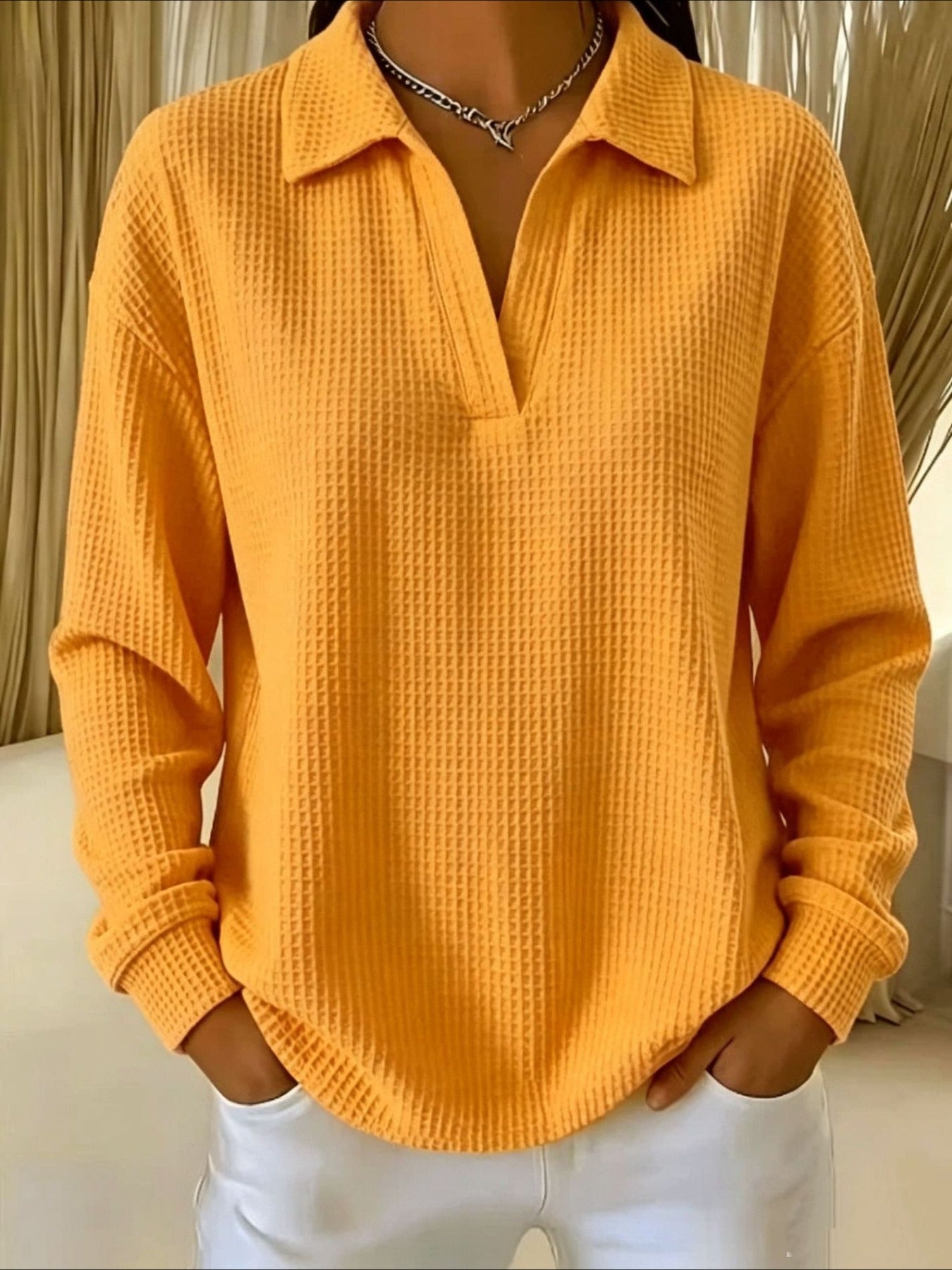 Waffle Lapel Neck Long Sleeve Polo Top