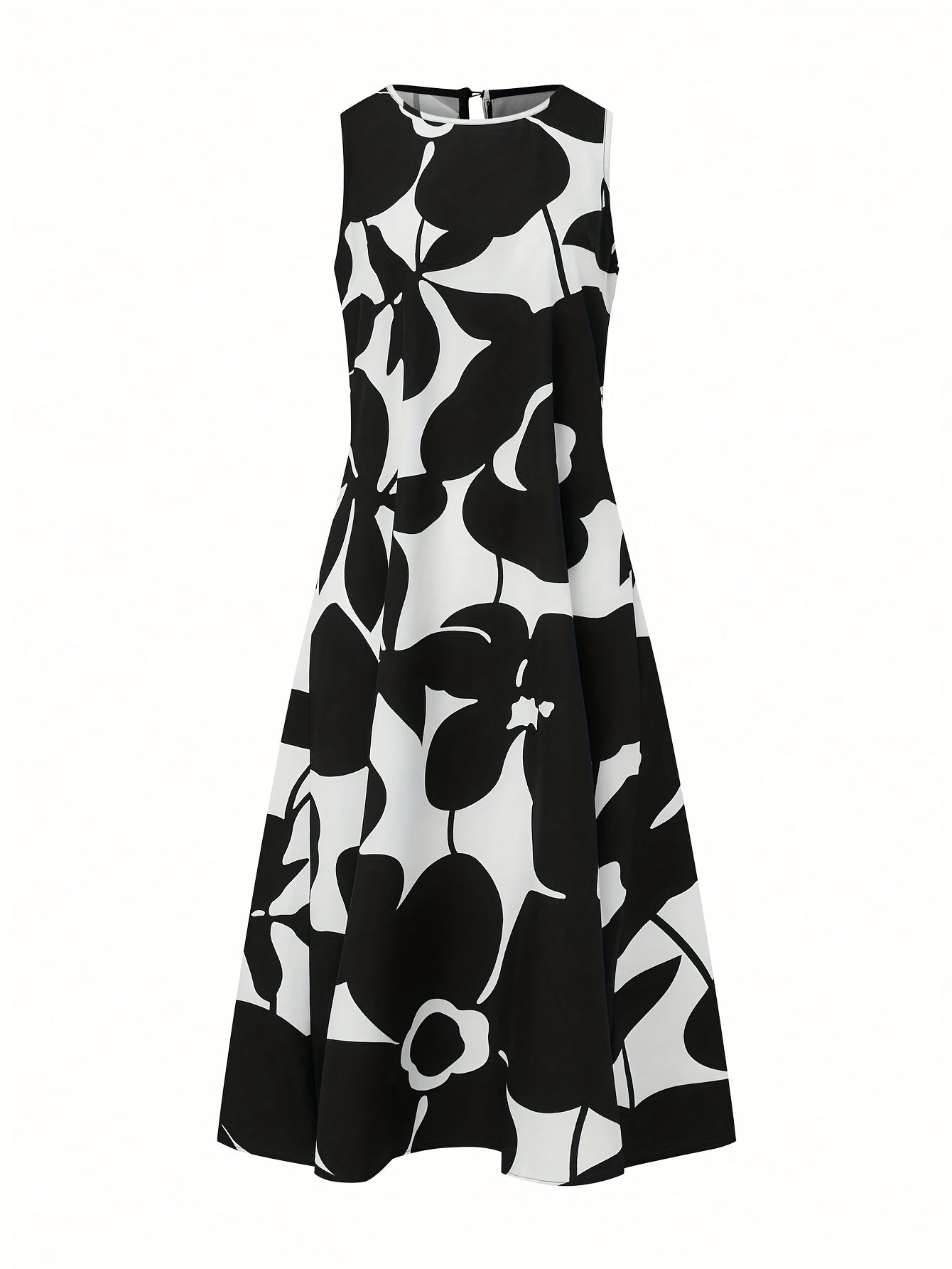 Plant Print Crew Neck Tank Dress, Casual Sleeveless A-line Tank Dress
