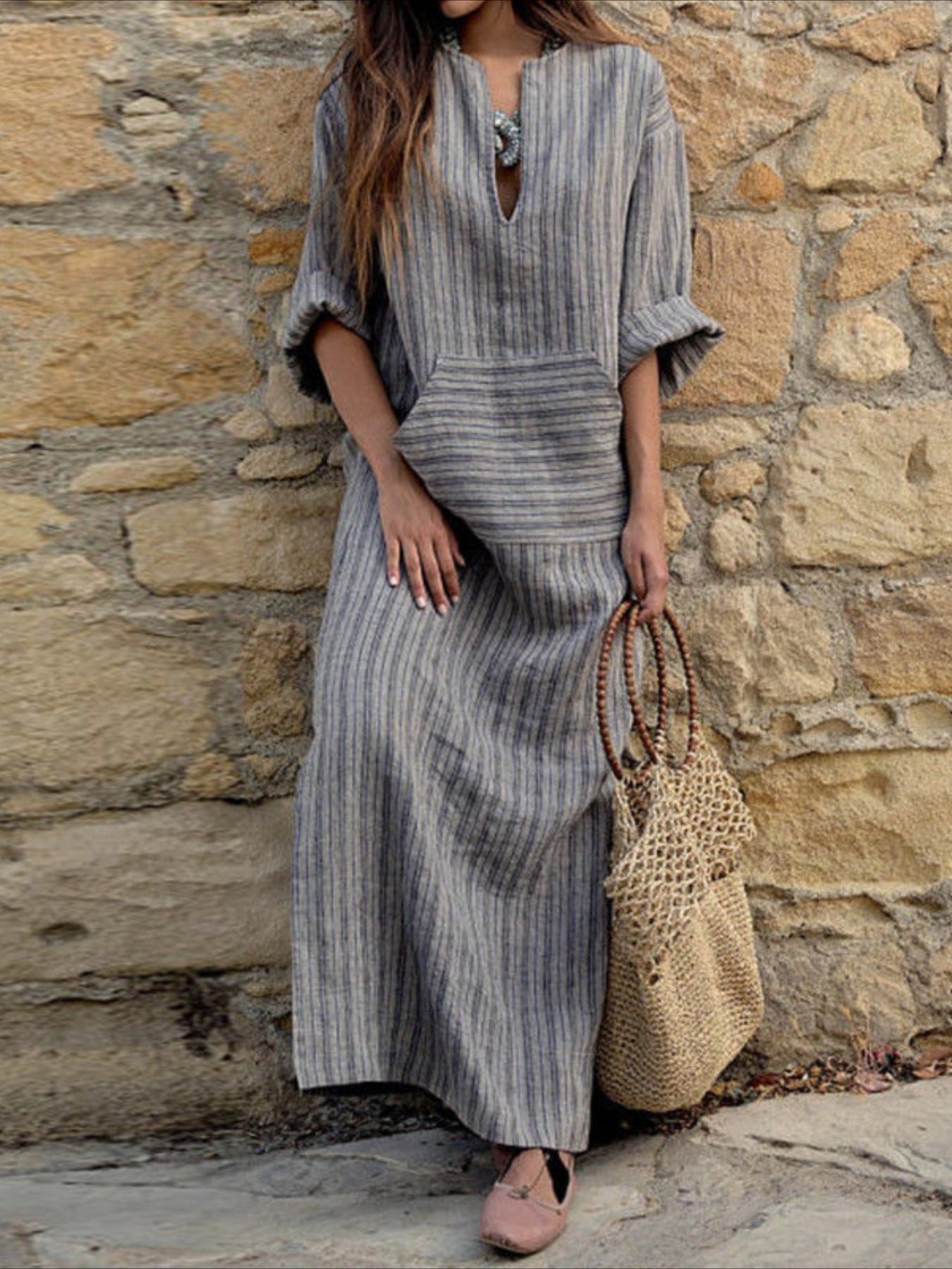 Striped Print Long Sleeve Dress - Relaxed Casual Style with Notch Neck