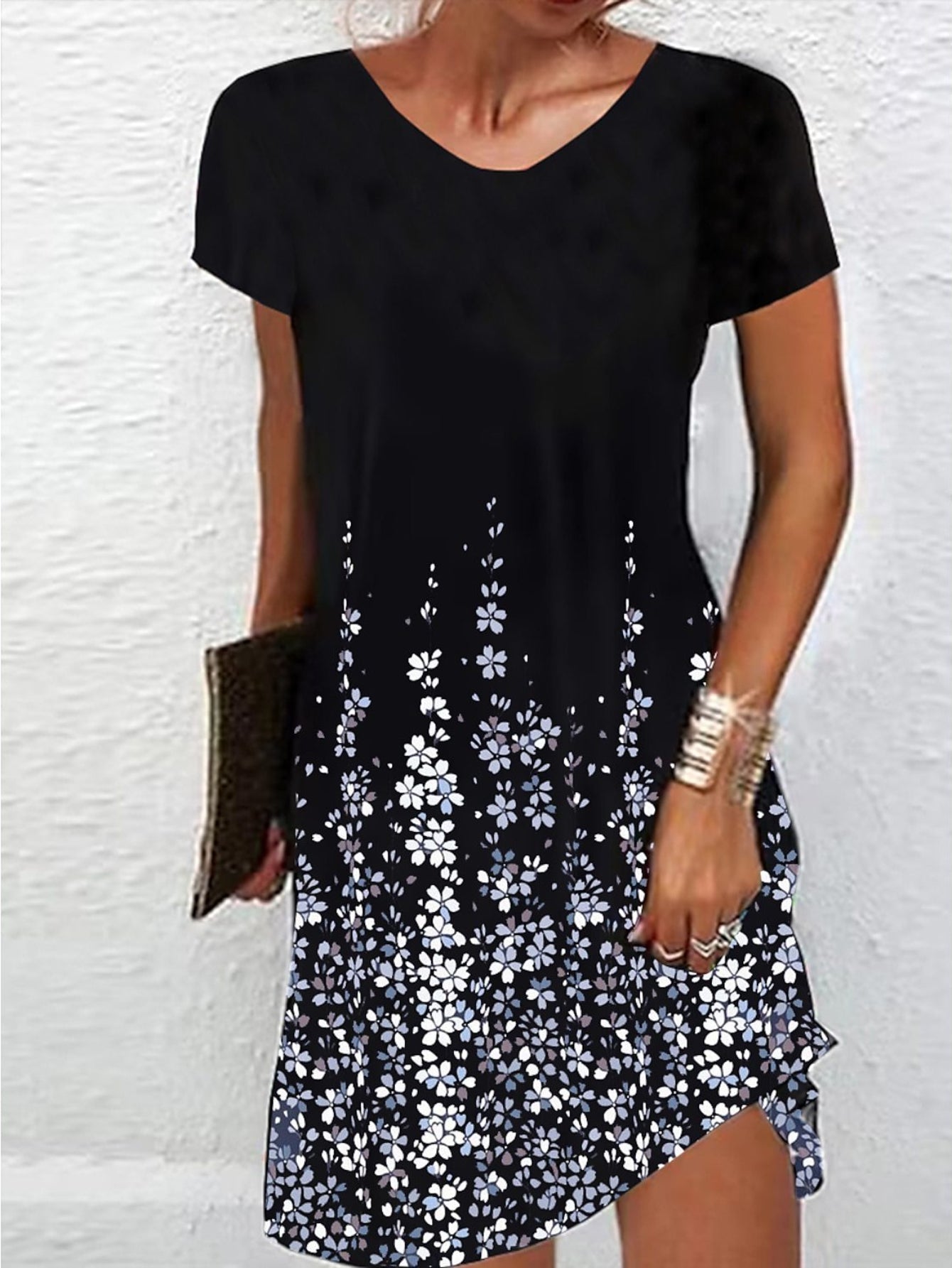 Floral Print Short Sleeve A-line Dress, Casual Crew Neck Above Knee Dress
