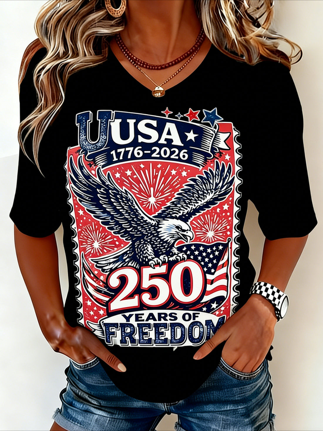Casual Vintage America 250 Years Printing Crew Neck Short Sleeve T-shirt