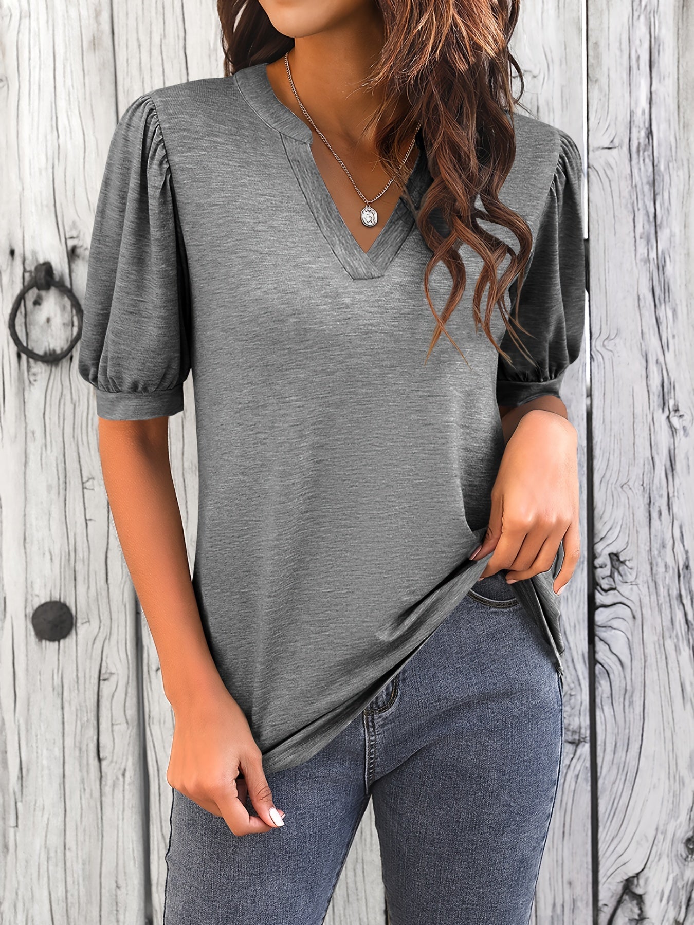 Solid Puff Sleeve T-Shirt, V Neck Short Sleeve T-Shirt, Casual Every Day Tops