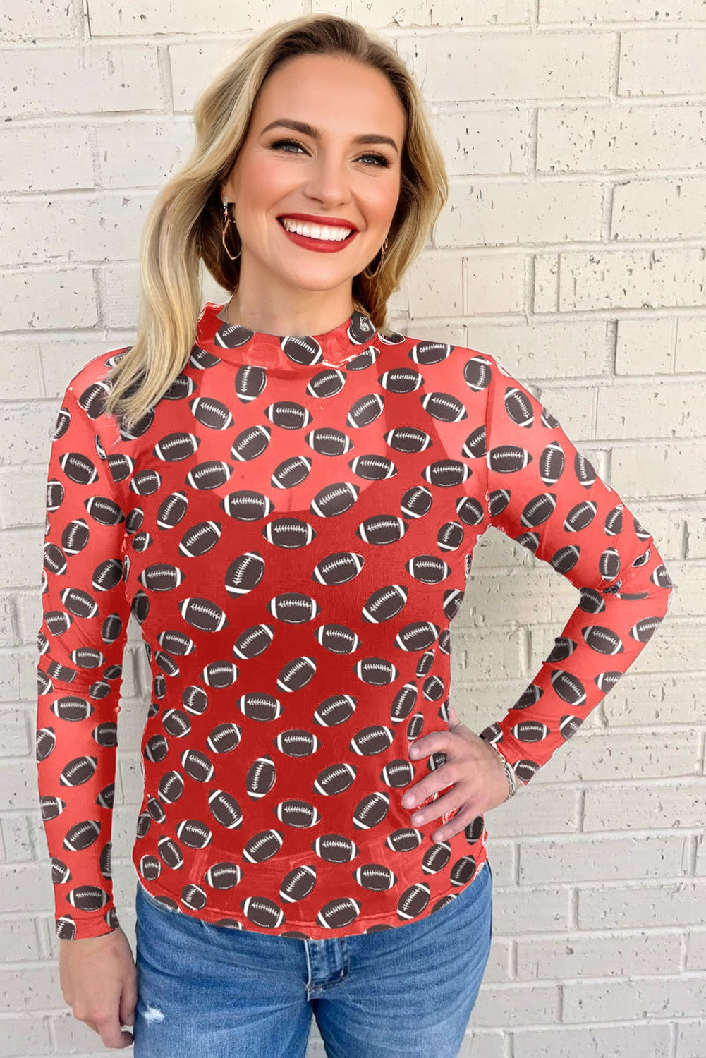 Red Game Day Rugby Mesh Sheer Long Sleeve Top