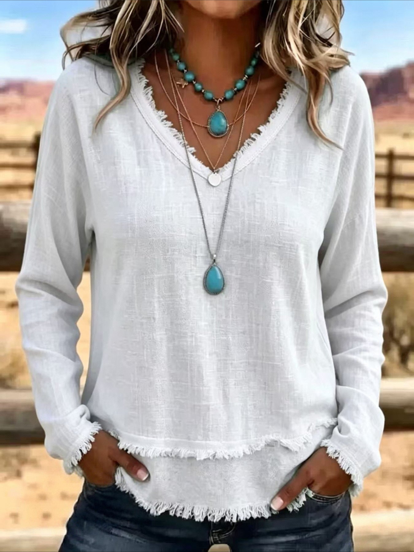 Solid Color Loose V Neck Beard Edge Long Sleeve T-shirt