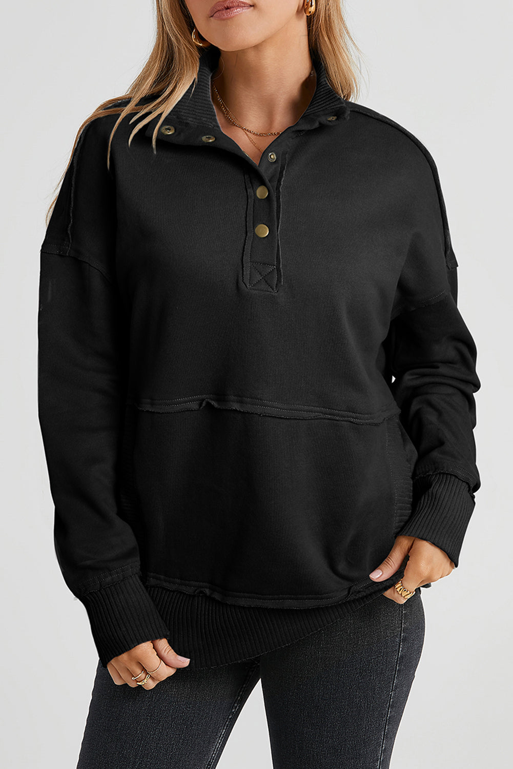 Black Ribbed Hem Snap Button Neckline Sweatshirt with Pocket