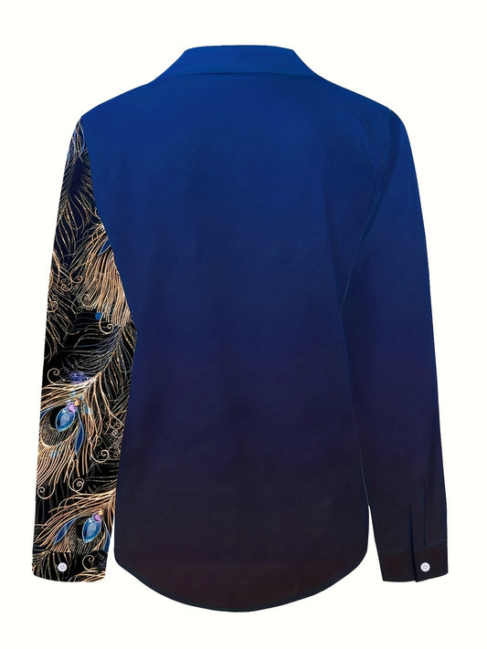 Peacock Feather Print Shirt, Long Sleeve Button Up Casual Top