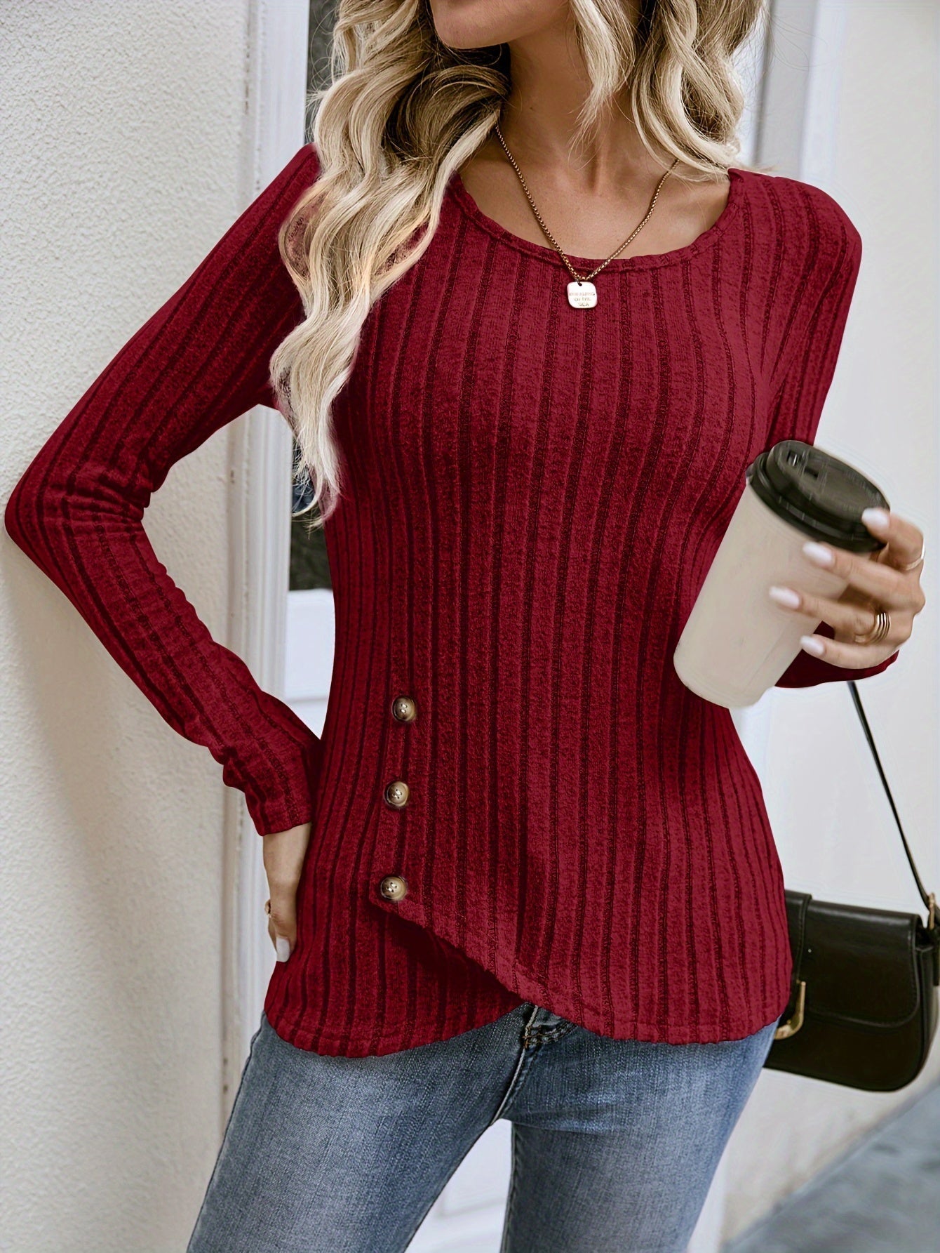 Ribbed Button Decor Crew Neck T-Shirt, Casual Long Sleeve Top