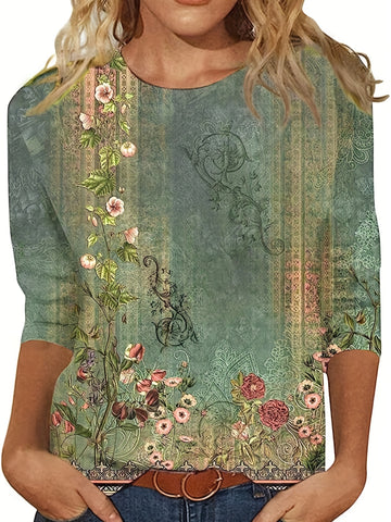 Floral Print Crew Neck T-Shirt, Casual 3/4 Sleeve Top