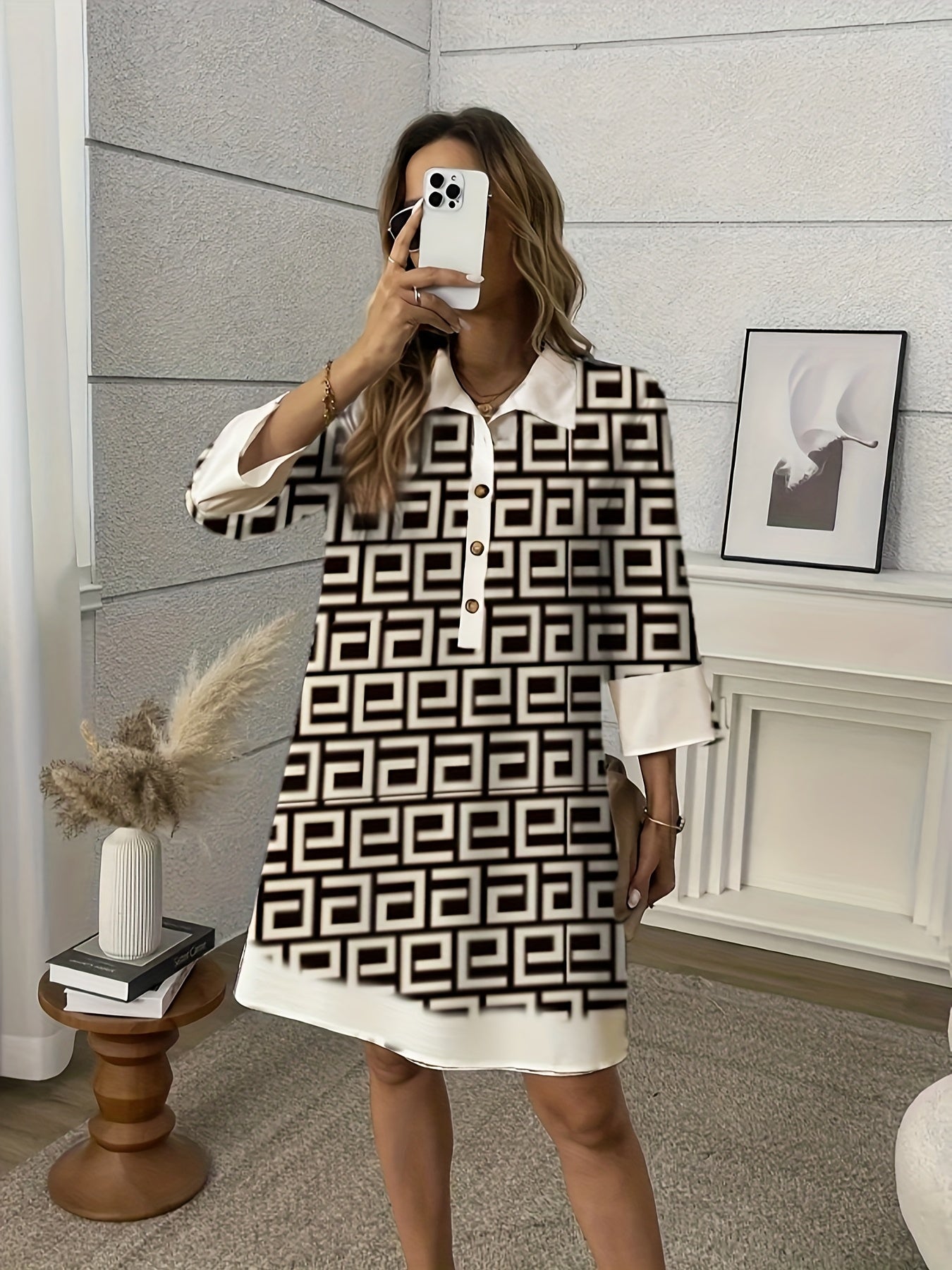 Long Sleeves and Pockets Loose Fit Floral Print Shirt Dress with Button Front