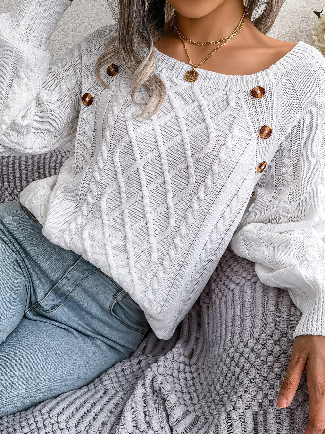 Cozy Women's Sweater with Textured Button Lantern Sleeves