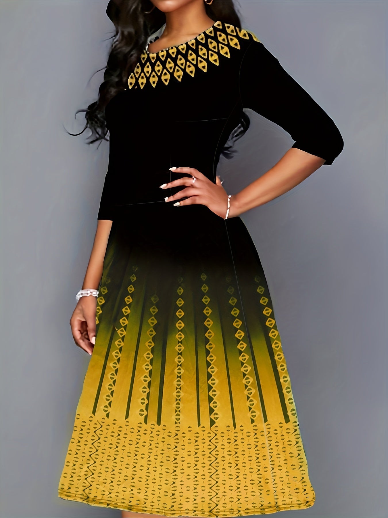 Argyle Print Color Block Dress, Casual Crew Neck Half Sleeve Midi Dress