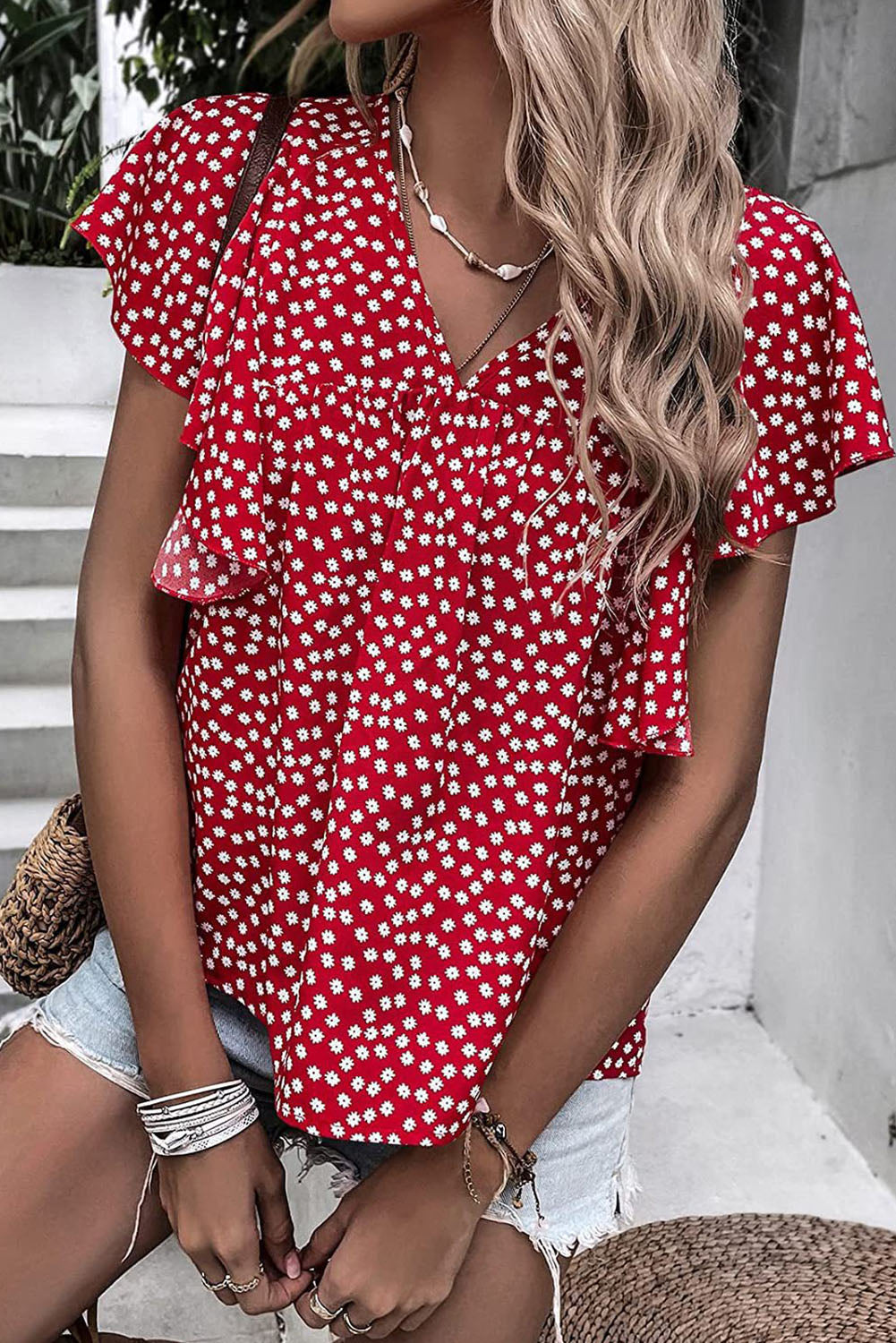 Fiery Red Floral Print Ruffle Sleeve Blouse