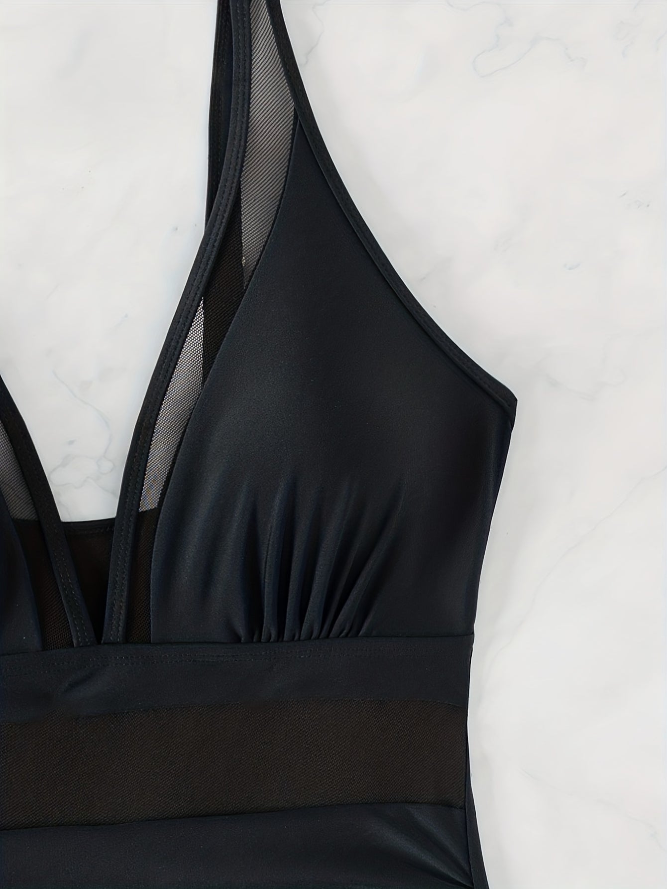 Solid Mesh Contrast One-piece Swimsuit, V Neck Stretchy Ruched Bathing Suits