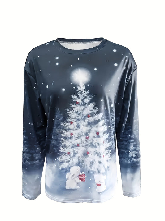 Christmas Tree Print Sweatshirt, Casual Long Sleeve Crew Neck Sweatshirt