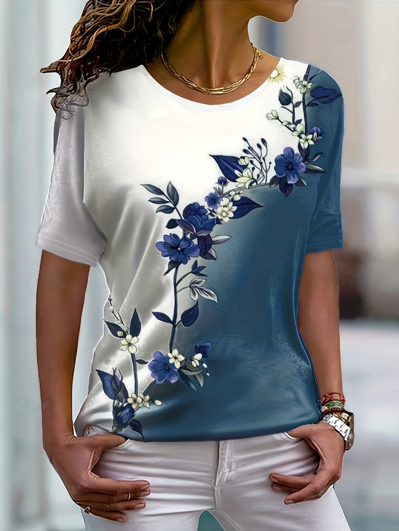 Floral Print Colorblock Crew Neck T-Shirt, Casual Short Sleeve Top