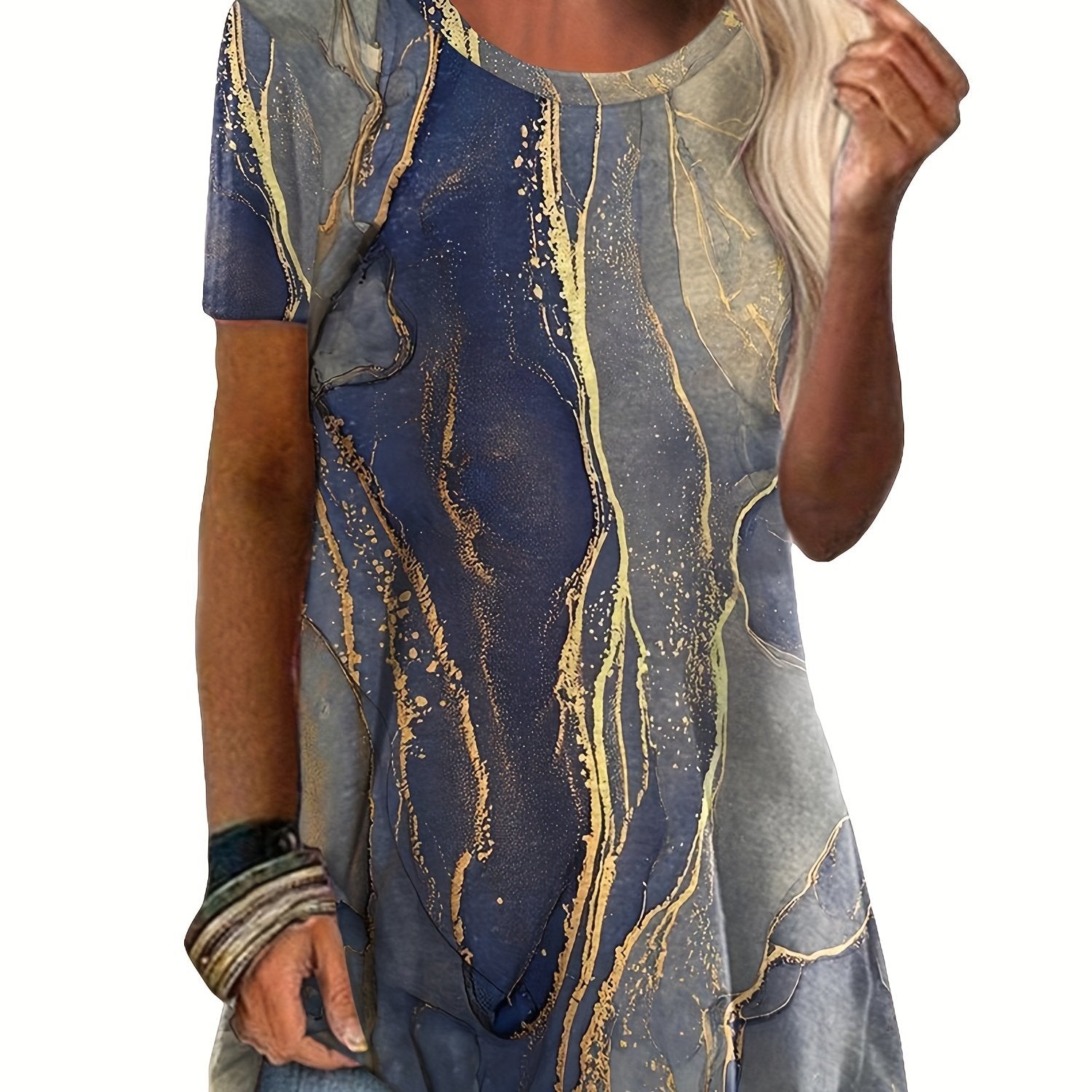 Marble Print Crew Neck T-shirt, Casual Short Sleeve Summer Mid Length T-shirt