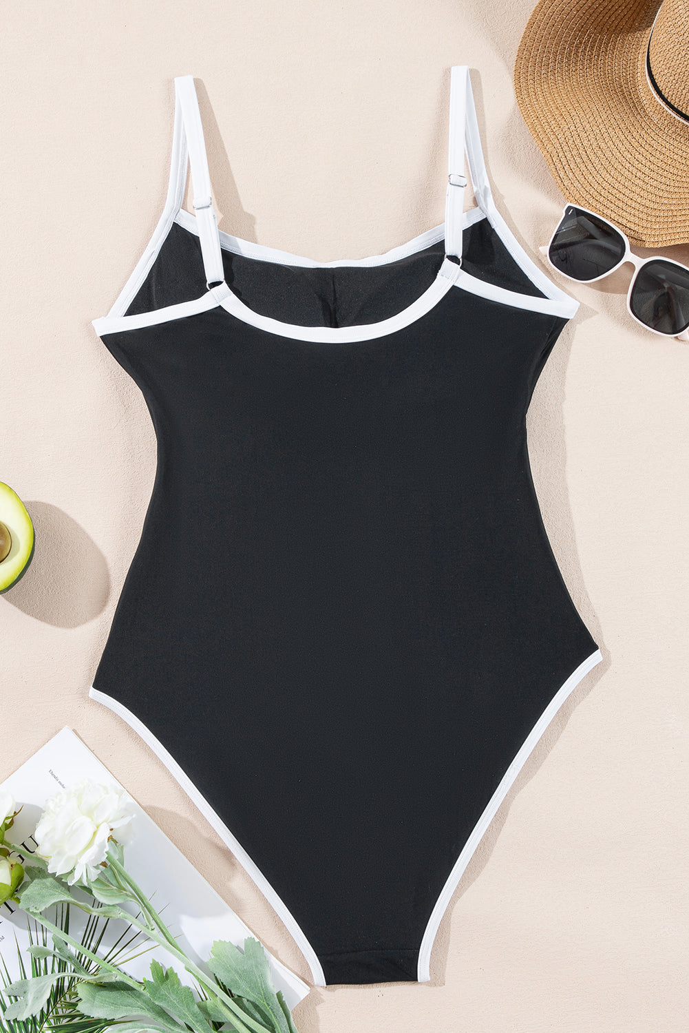 Black Contrast Trim Two Tone Belted One Piece Swimsuit