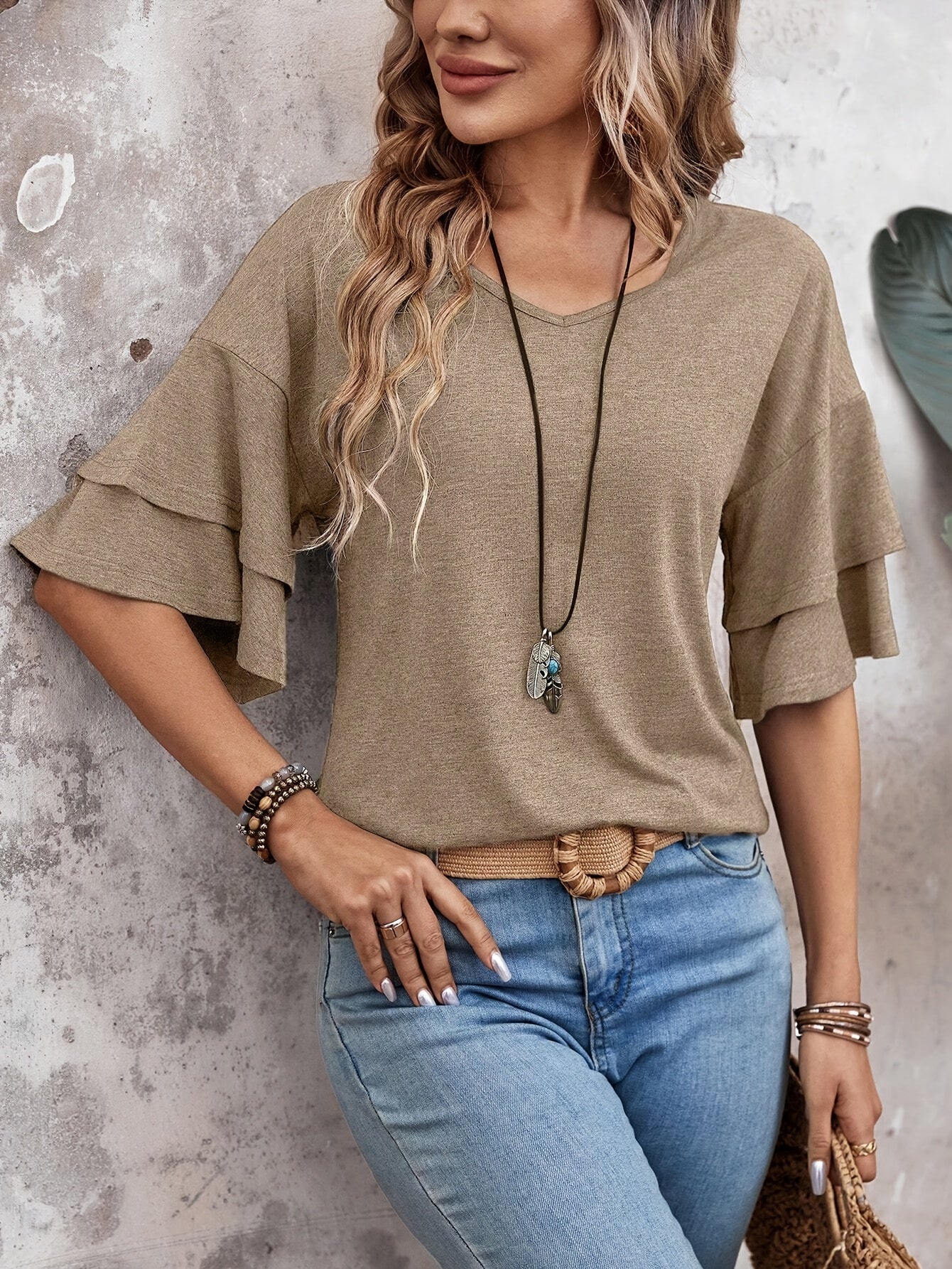 Casual Solid Color Flare Sleeve V Neck T-Shirt