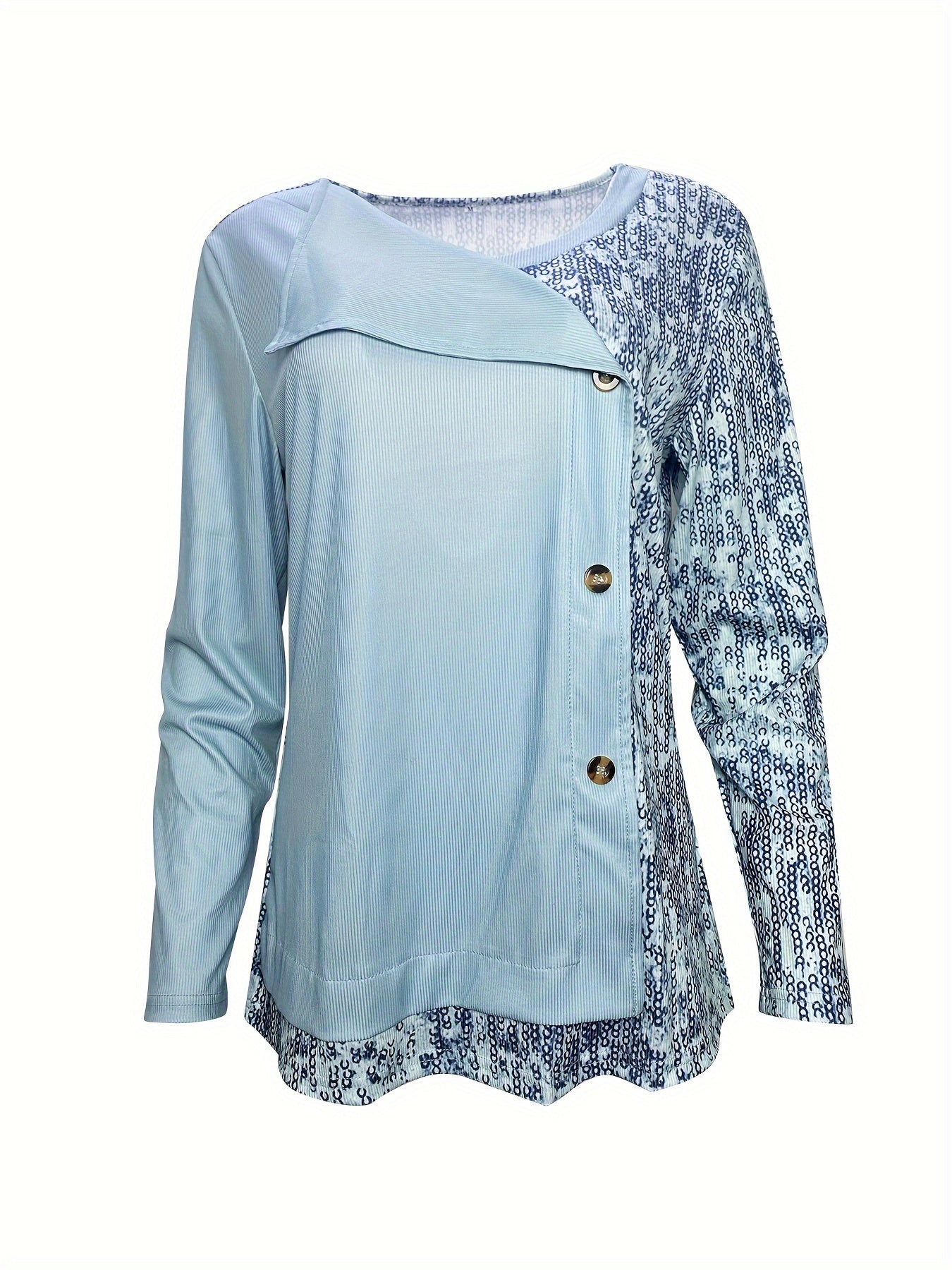 Sequined Button Decor V-neck Splicing T-Shirt, Casual Long Sleeve T-Shirt