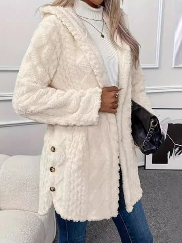 Solid Button Up Hooded Teddy Coat, Elegant Long Sleeve Split Side Faux Fur Outwear