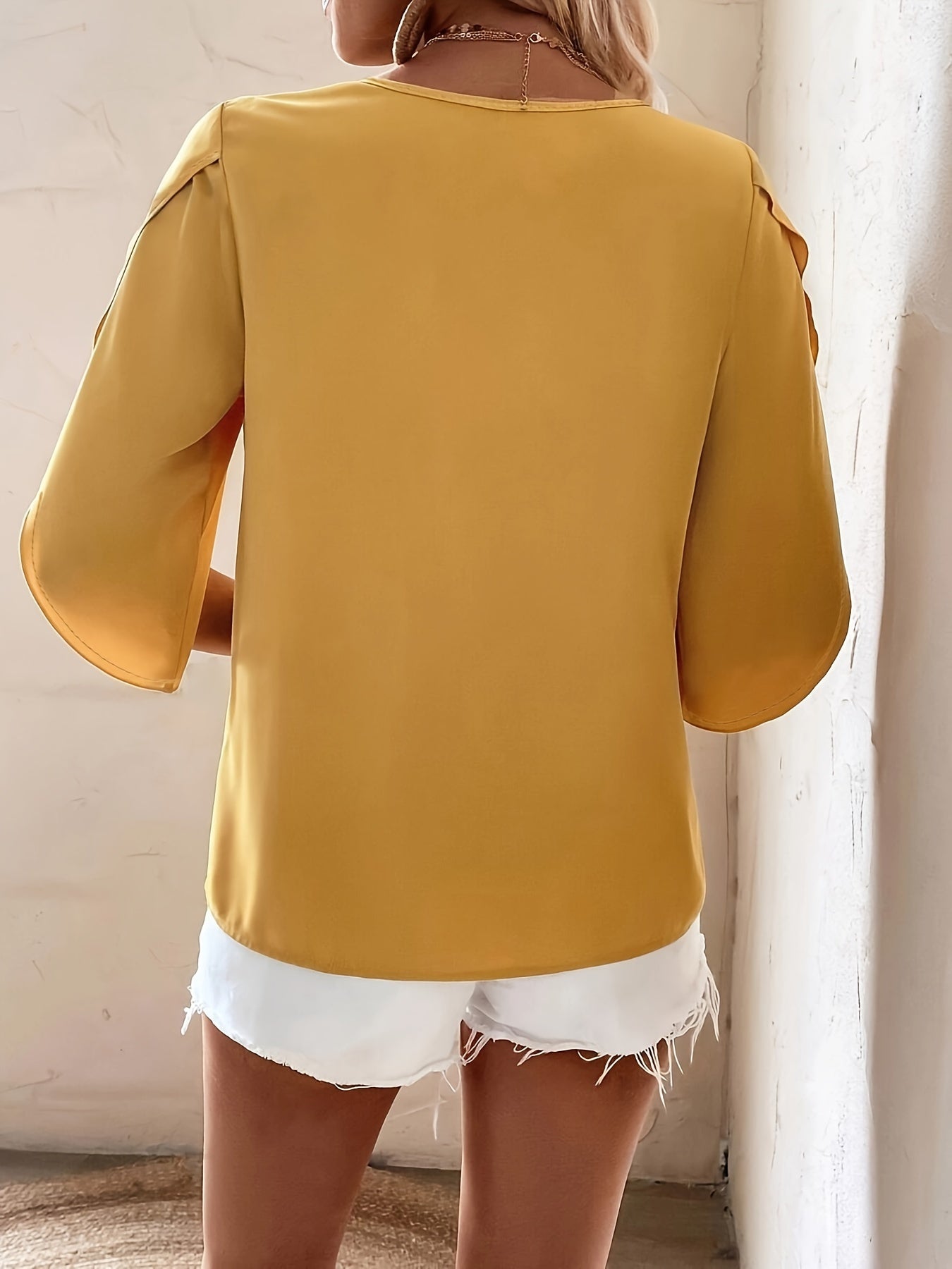 Solid Asymmetrical Neck Simple Blouse, Elegant Half Sleeve Blouse