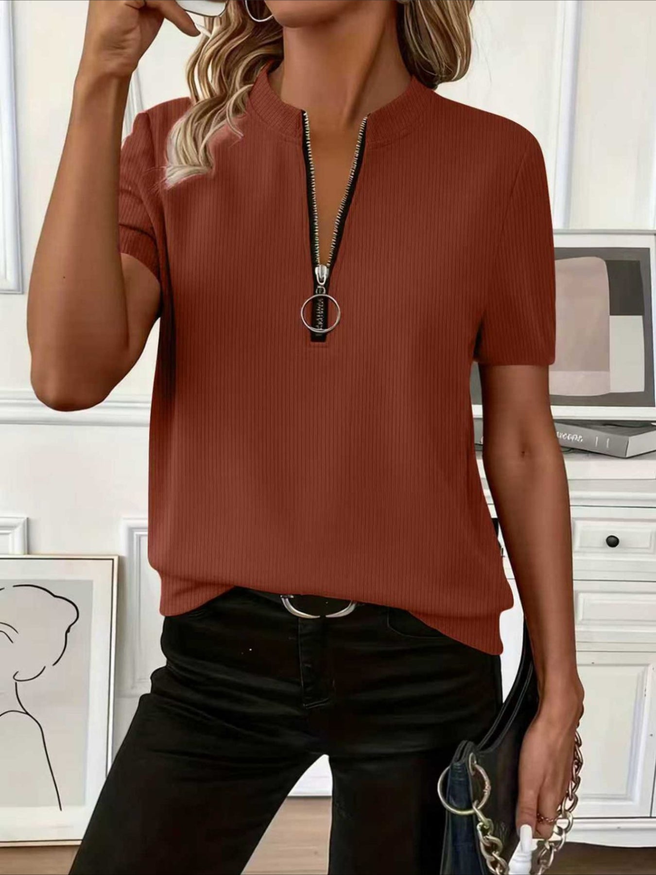Waffle Texture Zipper Short Sleeve Round Neck T-Shirt