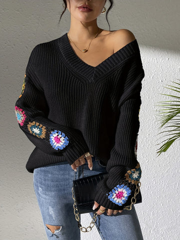 Floral Pattern Drop Shoulder Sweater, Elegant V Neck Long Sleeve Sweater