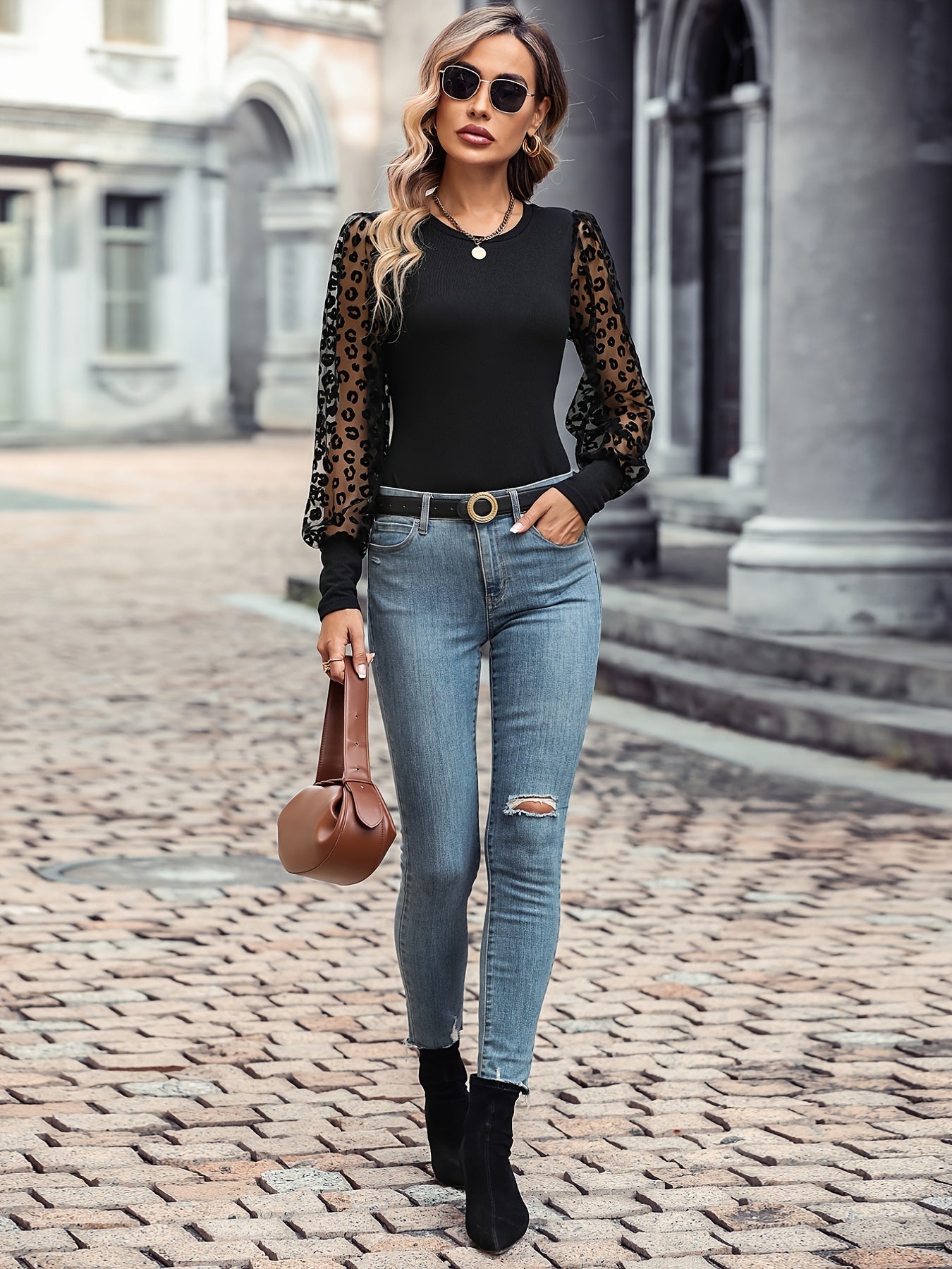 Solid Color Lace Patchwork Ballon Sleeve Ribbed Knit Tops, Elegant Everyday Blouse