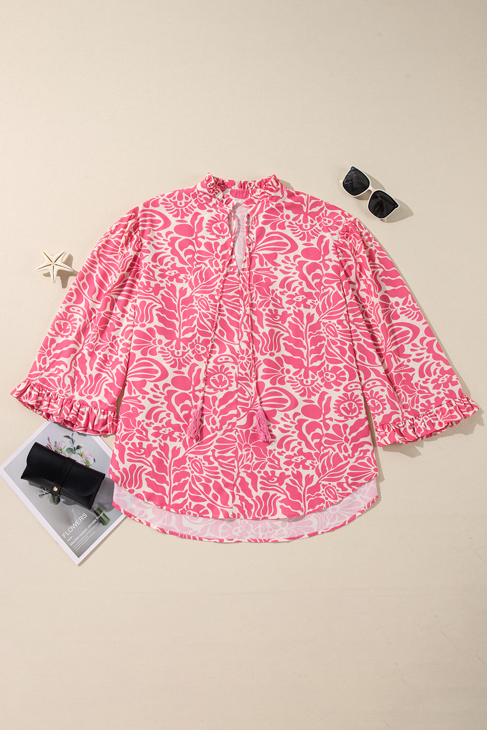 Pink Plus Size Floral Print Frilled Neck Puff Sleeve Top