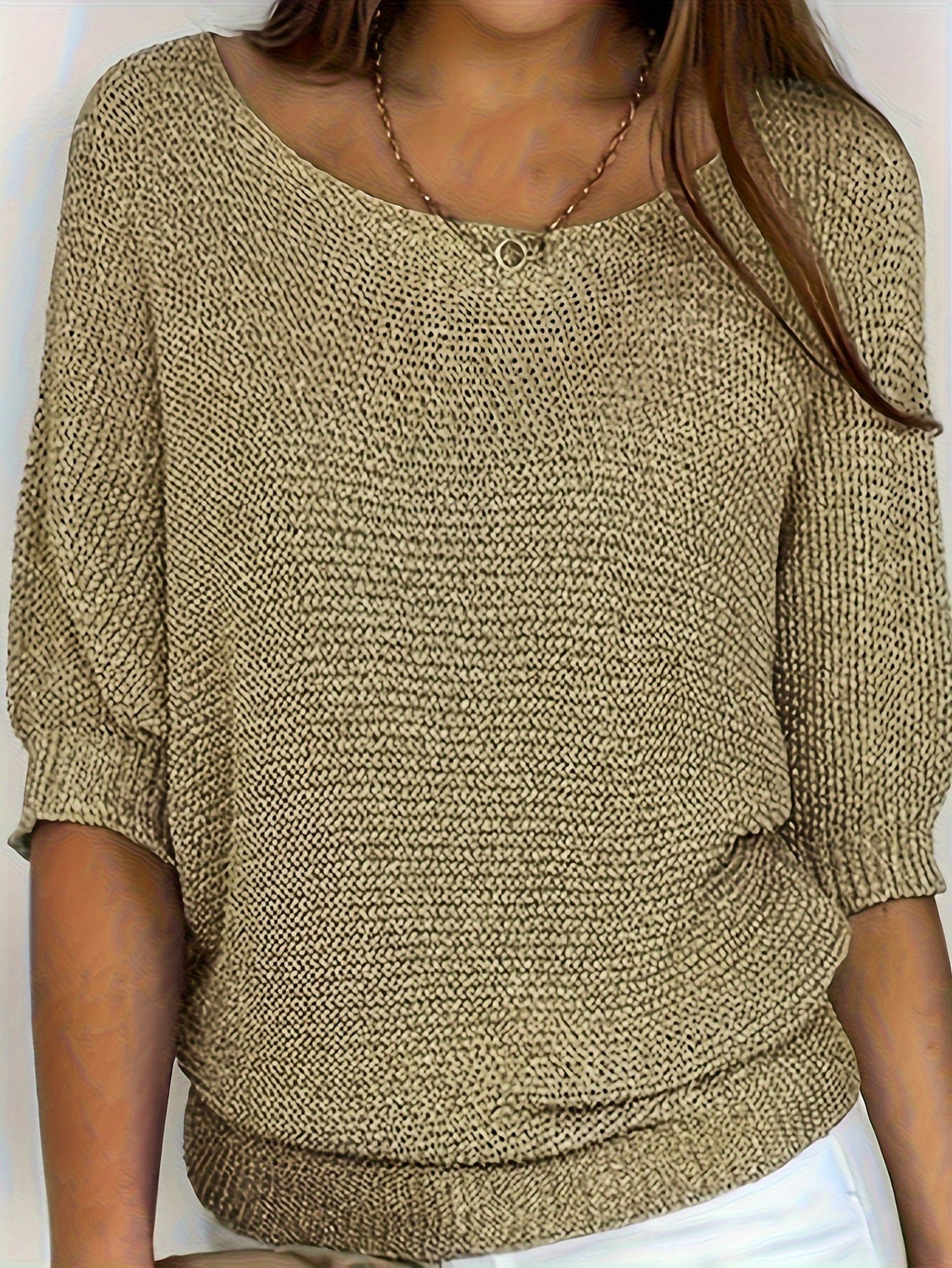 Solid Simple Knit Sweater, Casual Crew Neck 3/4 Sleeve Sweater