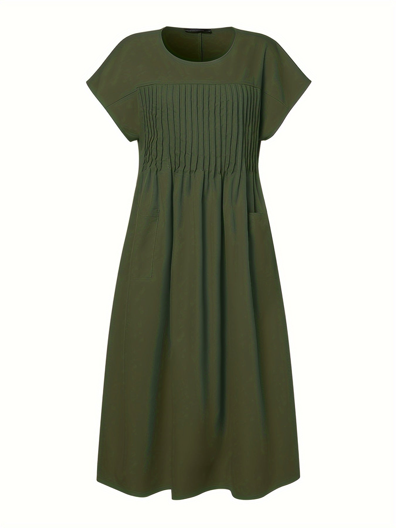 Solid Pintuck Midi Dress, Casual Crew Neck Short Sleeve Dress
