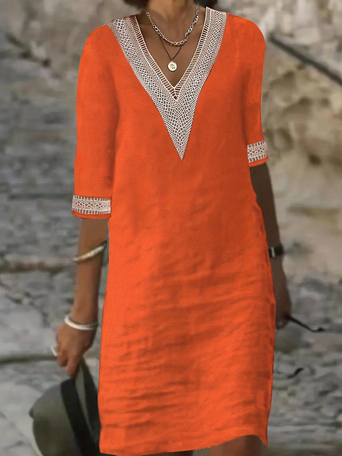 Guipure Lace V Neck Dress, Casual Short Sleeve Dress