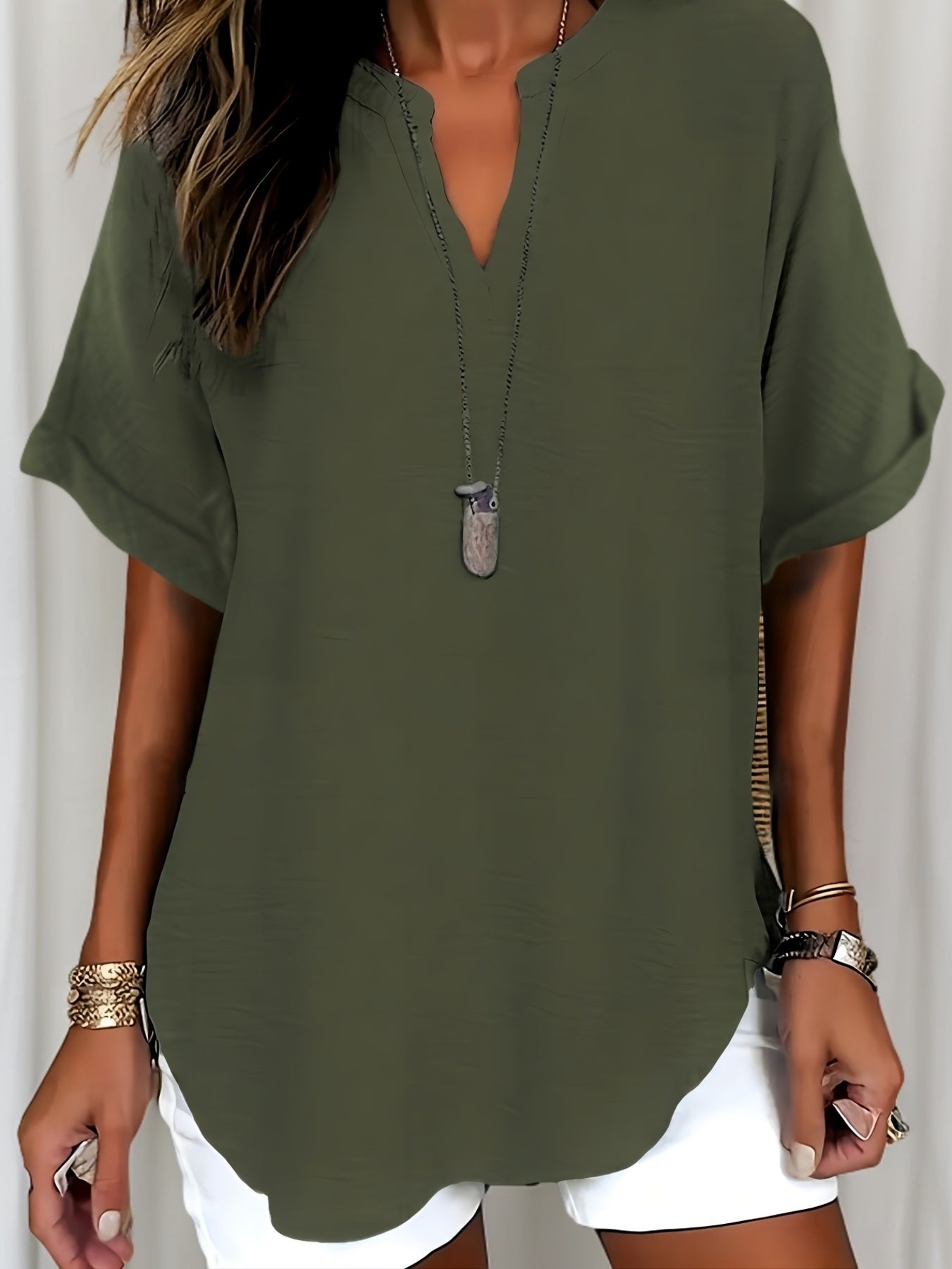 V-Neck Drop Shoulder Solid Color Loose Short Sleeve Shirt