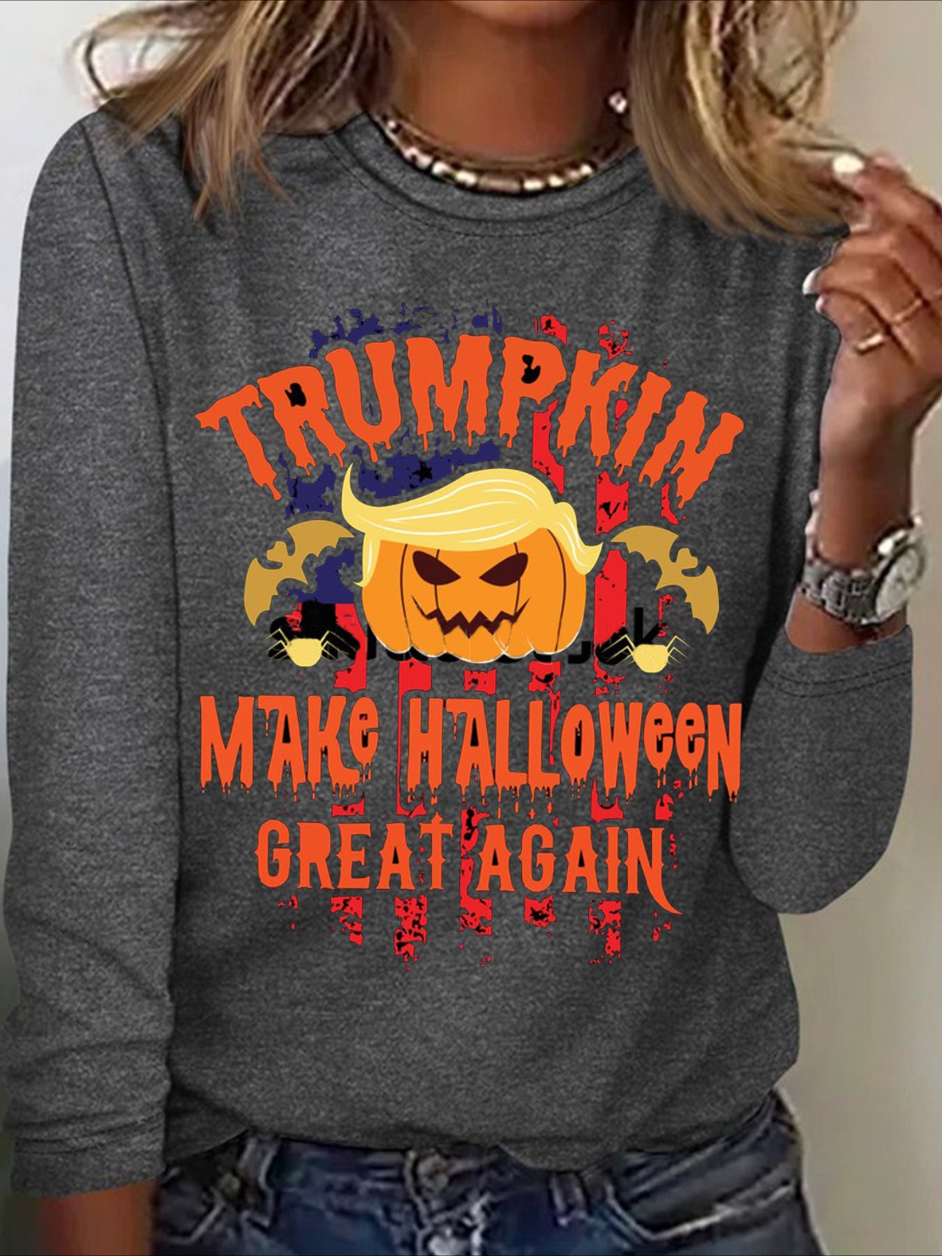 Halloween Print Long Sleeve Crew Neck Regular Fit Top