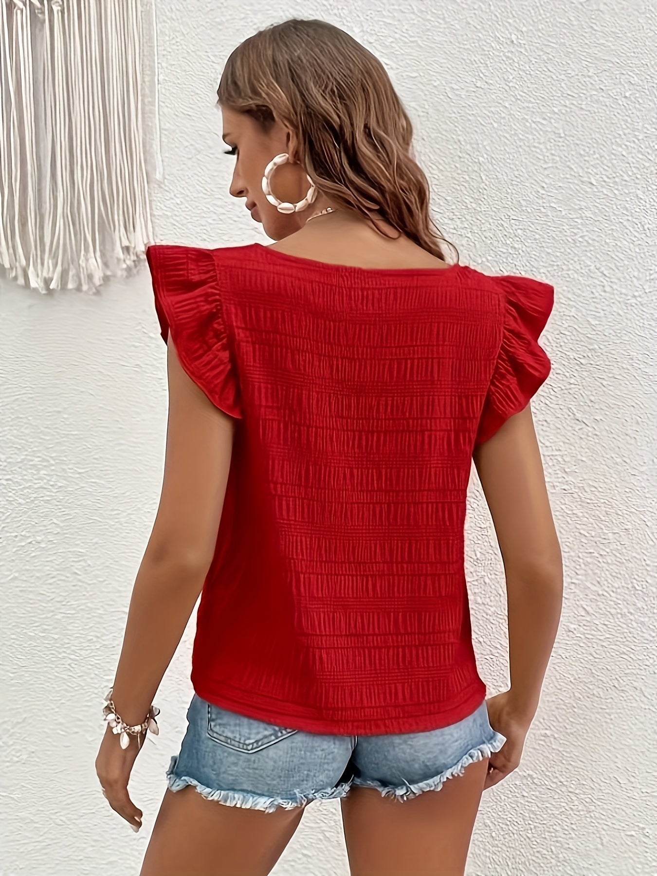 Ruffle Trim Solid Blouse, Elegant Squared Neck Versatile Blouse