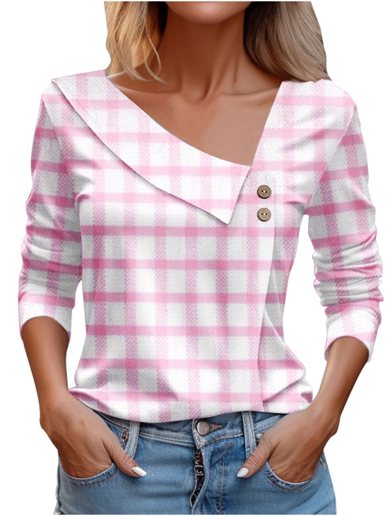 Chic Plaid Print Elegant Long Sleeve V-Neck T-Shirt