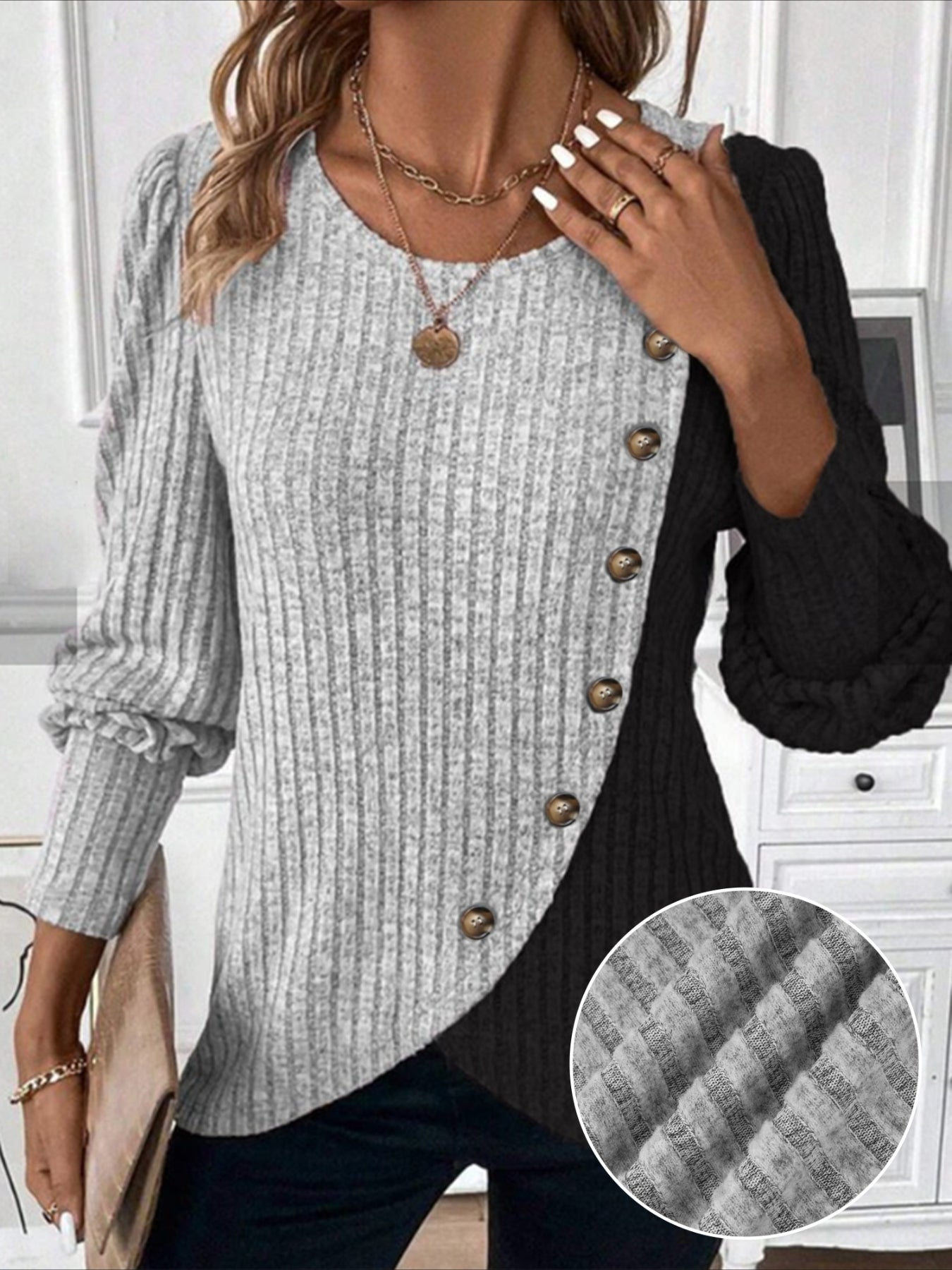 Ribbed Crew Neck T-shirt, Elegant Long Sleeve Buton Decor Top