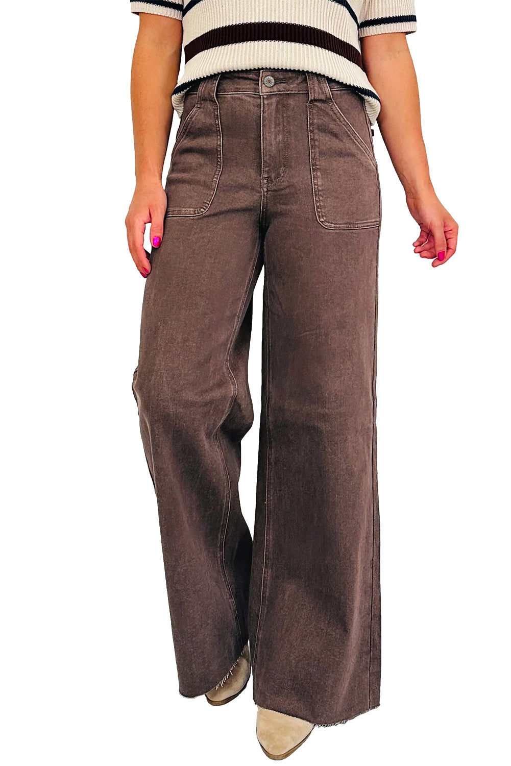 Dark Brown Retro Washed Patch Pocket Loose Jeans