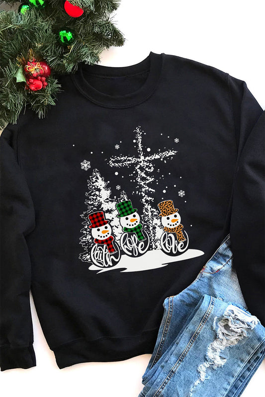 Black Christmas Snowman Graphic Print Pullover Sweatshirt