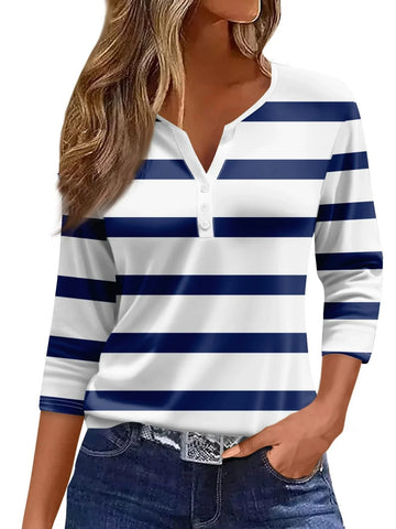 Women's V-Neck Striped T-Shirt - Soft Knit Polyester, Three Quarter Sleeve